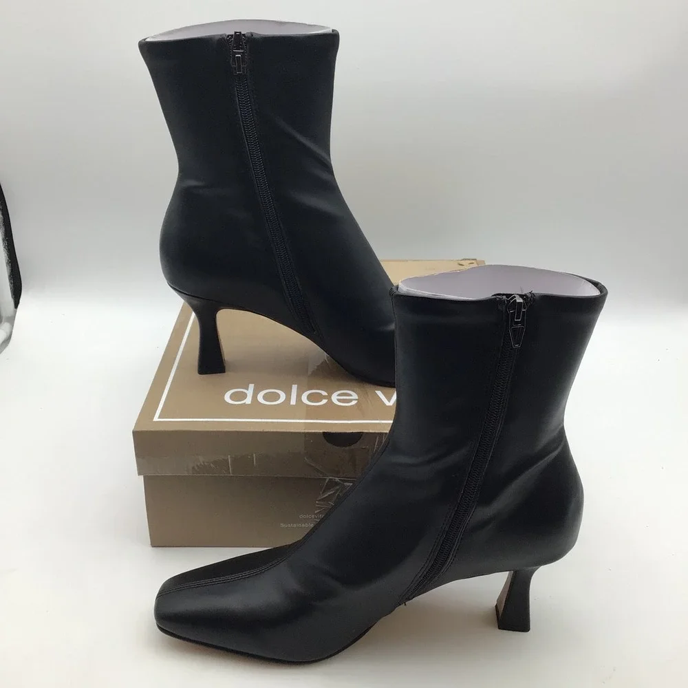 Dolce‎ Vita Glamor Black Stella Square Toe Kitten Heel Ankle Boots Size 12 NEW